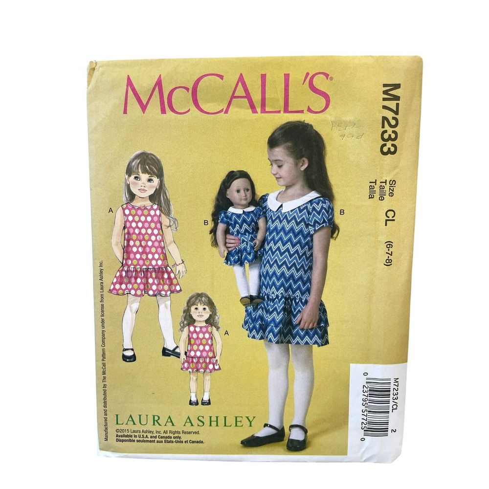 McCall's M7233 Girls' Doll Dresses Size CL (6-7-8) Laura Ashley